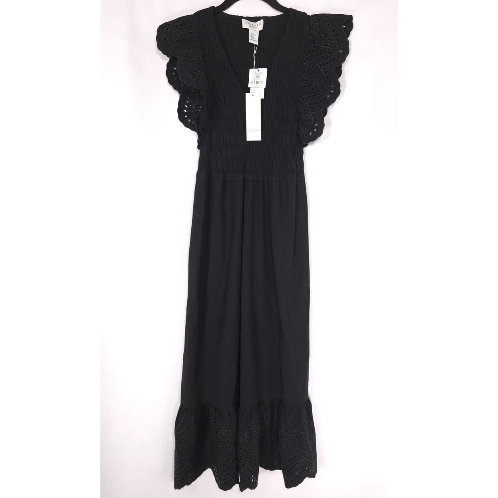 CALYPSO St Barth Womens New Midi Dress XS Boho‎ Eyelet Smocked Flutter Sleeve